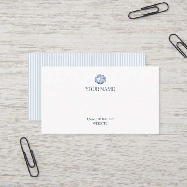 Seashell Scallop Blue Stripe Business Card (Front/Back In Situ)