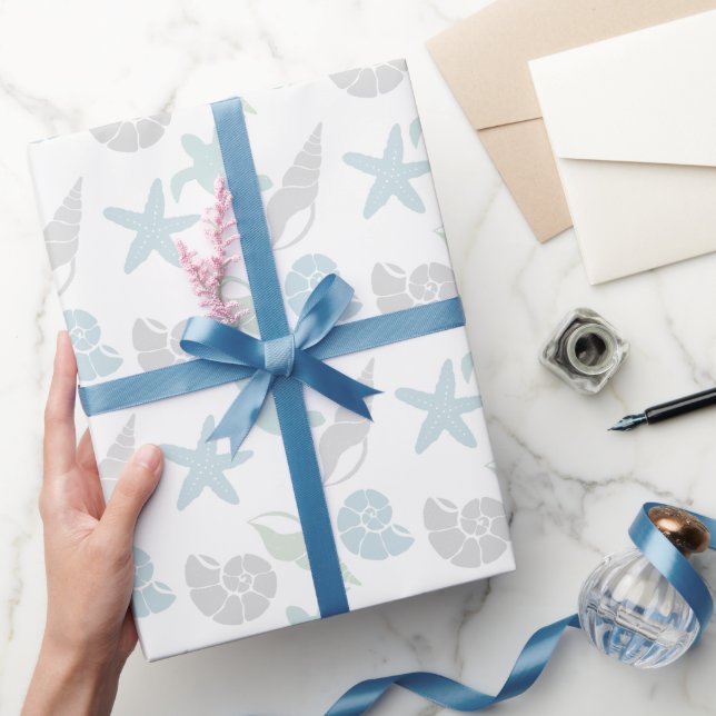 Seashell & Sea Turtle Pattern White Wrapping Paper (Gifting)