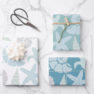 Seashell & Sea Turtle Pattern Wrapping Paper Sheet