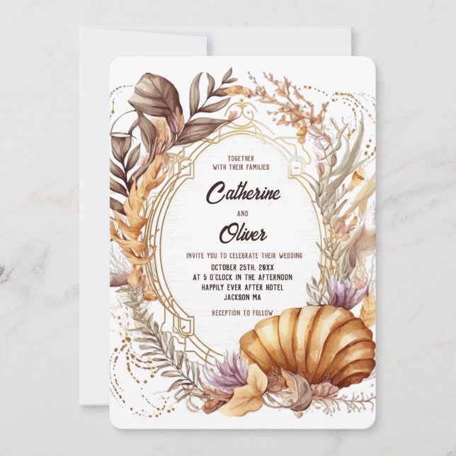 Seashell Seaweed Gold Frame Purple Beach Wedding  Invitation (Front)