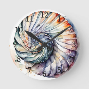 Seashell Shell Nautilus Design 357 Watercolor Round Clock