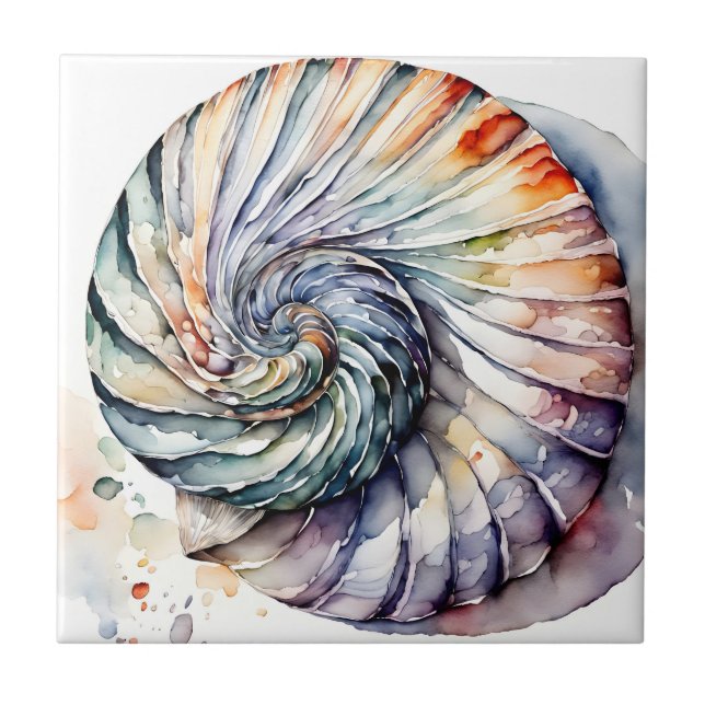 Seashell Shell Nautilus Design 357 Watercolor Tile (Front)