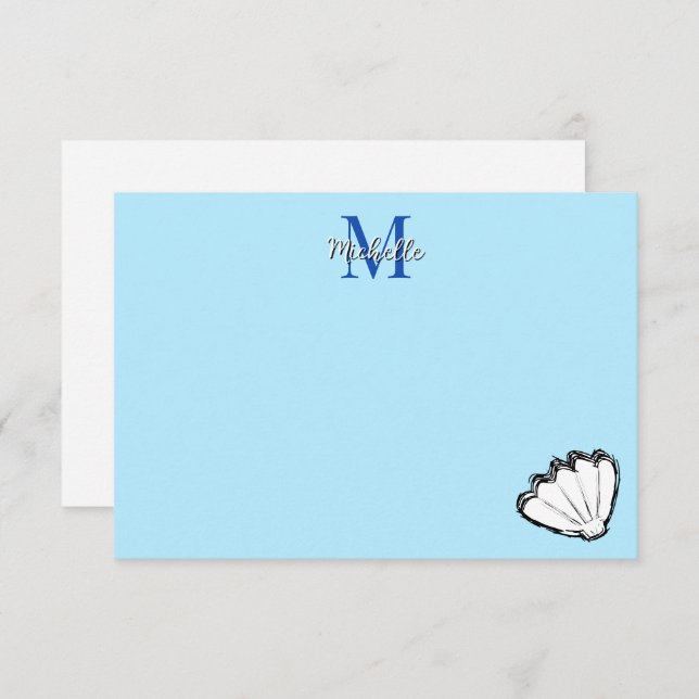 Seashell Sketch White And Blue Monogram Card (Front/Back)