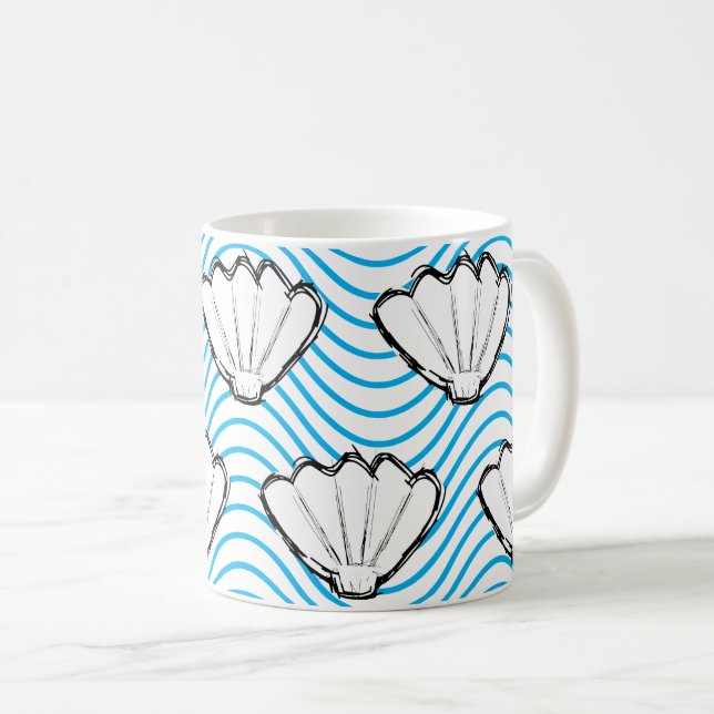 Seashell Sketch White And Blue Wave Patterns Coffee Mug (Front Right)