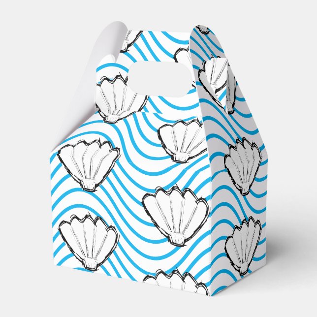 Seashell Sketch White And Blue Wave Patterns Favour Box (Front Side)