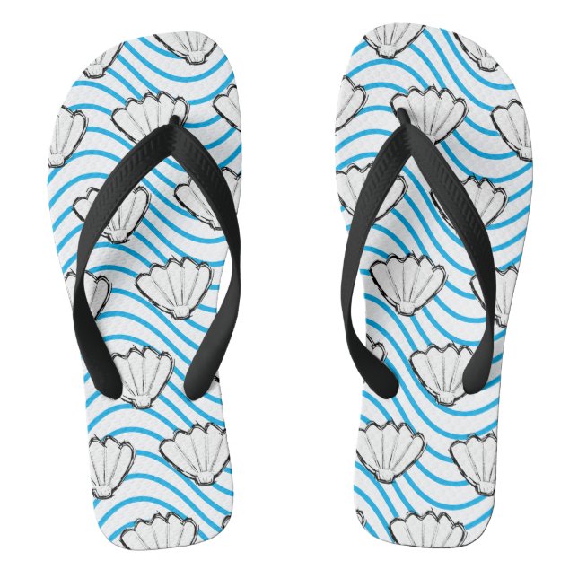 Seashell Sketch White And Blue Wave Patterns Flip Flops (Footbed)