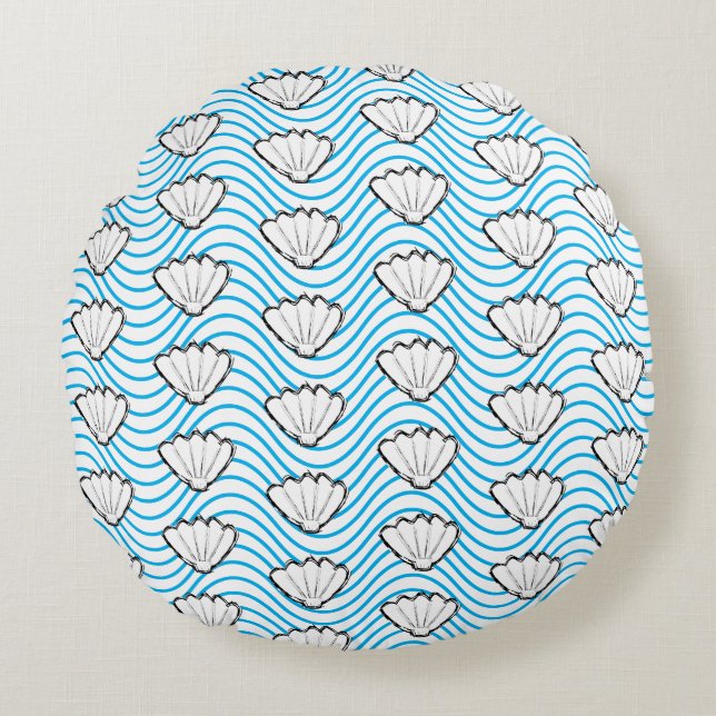 Seashell Sketch White And Blue Wave Patterns Round Cushion (Front)