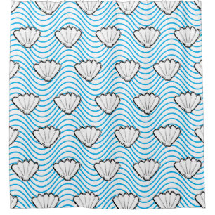 Seashell Sketch White And Blue Wave Patterns Shower Curtain