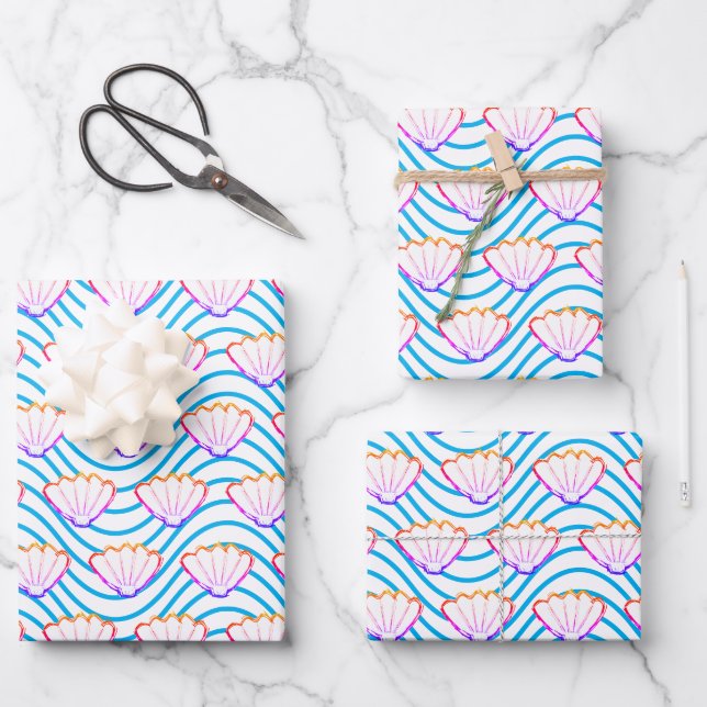 Seashell Sketch White And Blue Wave Patterns Wrapping Paper Sheet (Front)