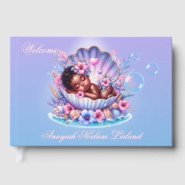Seashell Sleeping Black Baby Girl Baby Shower Guest Book (Front)