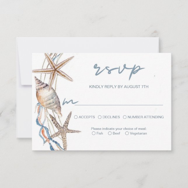 Seashell Starfish Beach Wedding Meal Choice RSVP Card (Front)