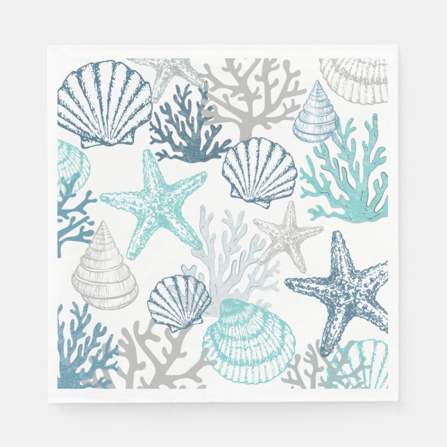 Seashell Starfish Pattern Blue And Teal Napkin (Front)