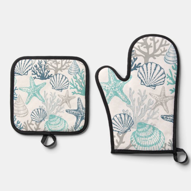 Seashell Starfish Pattern Blue And Teal Oven Mitt & Pot Holder Set (Front)