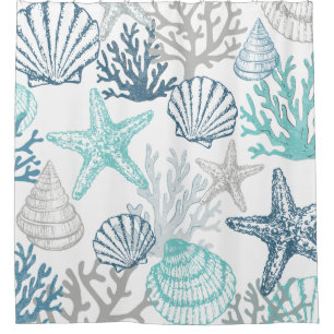 Seashell Starfish Pattern Blue And Teal Shower Curtain