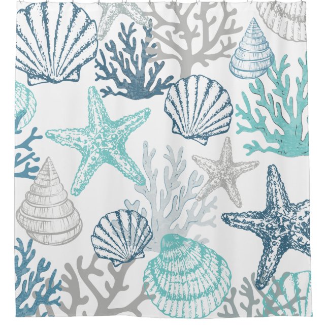 Seashell Starfish Pattern Blue And Teal Shower Curtain (Front)