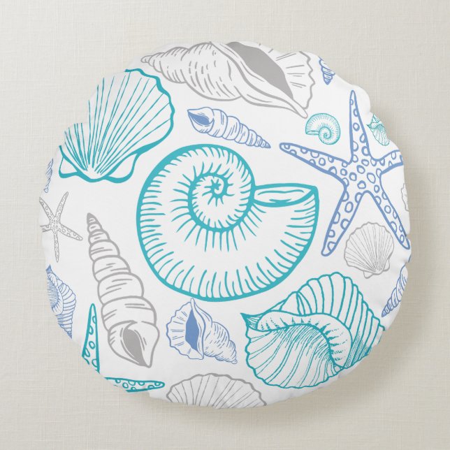 Seashell Starfish Pattern Blue Beige Teal Round Cushion (Front)