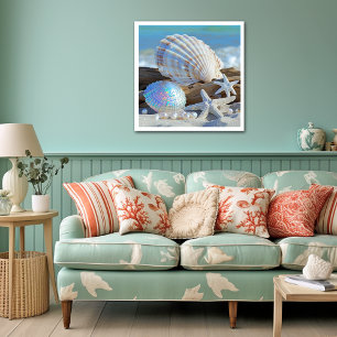 Seashell Starfish Pearls Sand Beach  Summer,   Poster