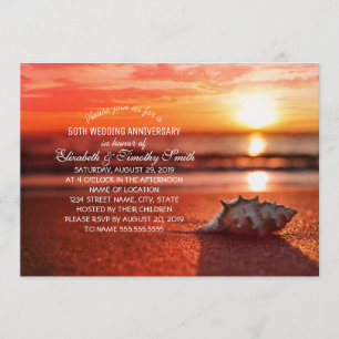 Seashell Sunset Beach Wedding Anniversary Party Invitation