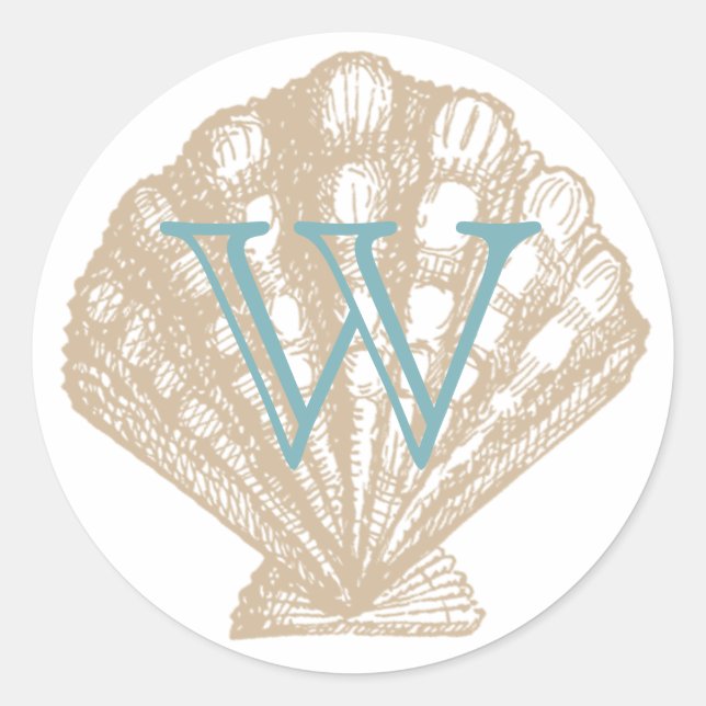 Seashell | Tan Scallop Sea Shell Monogram Classic Round Sticker (Front)