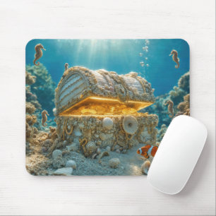 Seashell Treasure Chest Underwater with Coins Mouse Mat