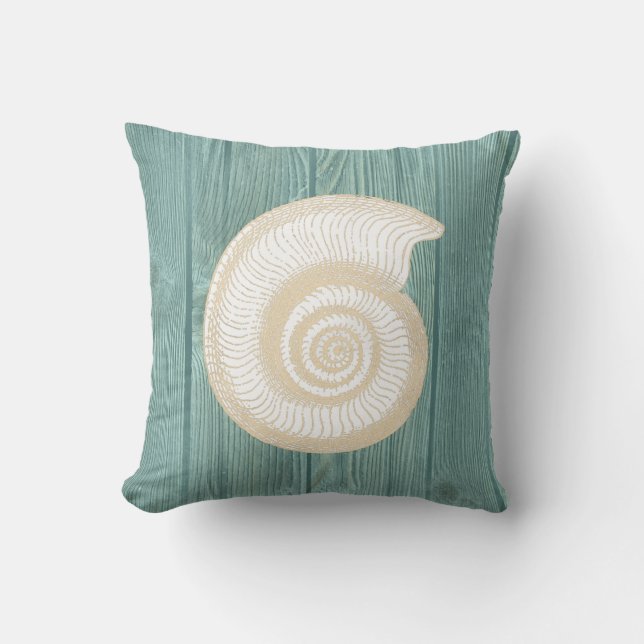 Seashell Vintage Aqua Wood Pillow (Front)
