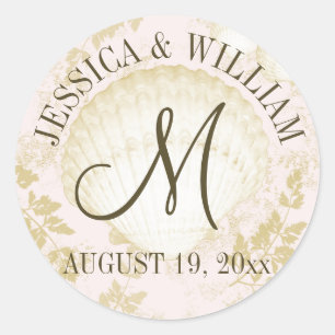 Seashell Vintage Beach Wedding Monogram Pink Classic Round Sticker