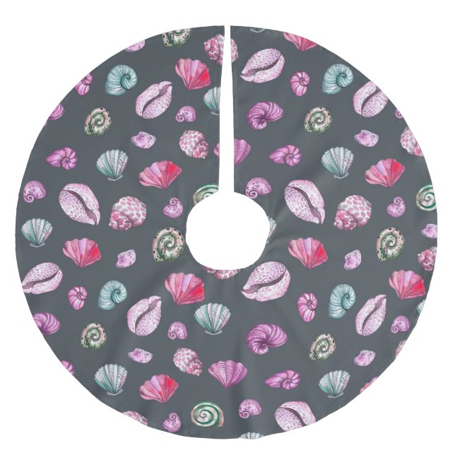 Seashell Watercolor: Dark Blue Pattern Brushed Polyester Tree Skirt (Front)