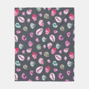 Seashell Watercolor: Dark Blue Pattern Fleece Blanket