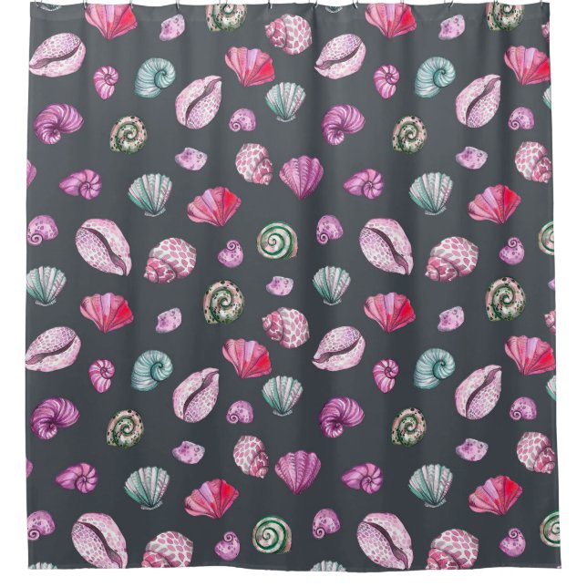 Seashell Watercolor: Dark Blue Pattern Shower Curtain (Front)