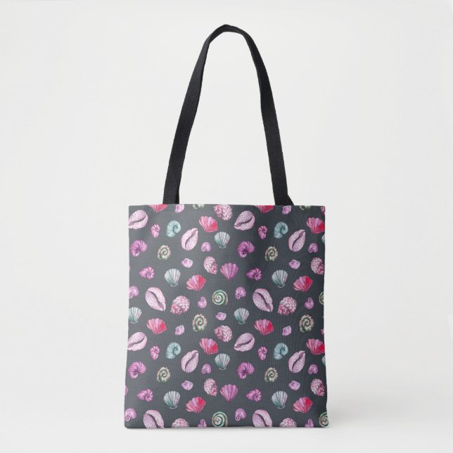 Seashell Watercolor: Dark Blue Pattern Tote Bag (Front)