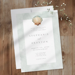 Seashell Watercolor Minimalist Beach Wedding Invitation