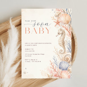 Seashell Watercolor Sea You Soon Baby Shower Invitation