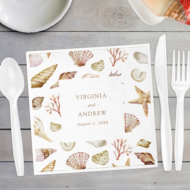 Seashell Wedding Napkin (Watercolor Seashell Beach Wedding Paper Napkins by Painted Paperie
)
