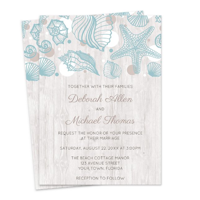 Seashell Whitewashed Wood Beach Wedding Invitation (Seashell Whitewashed Wood Beach Wedding Invitations from Artistically Invited on Zazzle.)