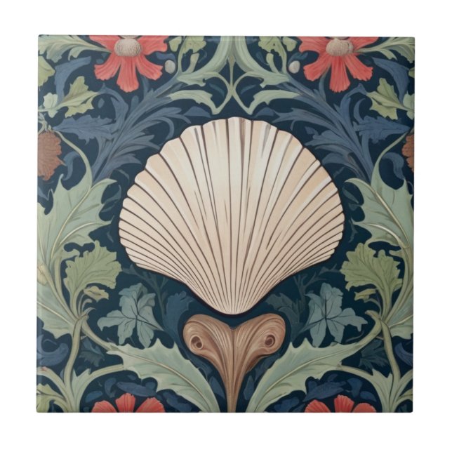 Seashell William Morris style ocean themed floral Tile (Front)