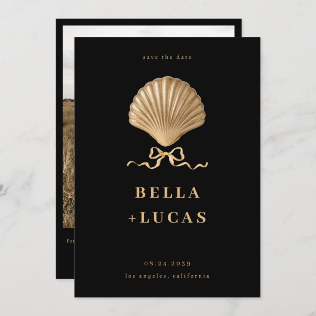Seashell With a Bow Gold Beach Destination Wedding Save The Date (Front/Back)