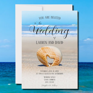 Seashell with Heart on sand at the Beach, Wedding Invitation