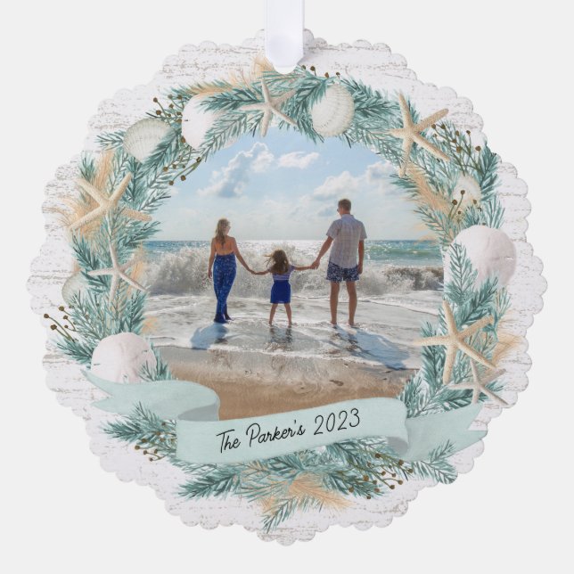 Seashell Wreath and Banner with Photo Tree Decoration Card (Front)