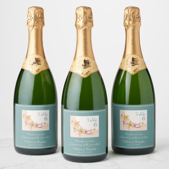 Seashells and Aqua Coloured Accent Wedding Champag Sparkling Wine Label (Bottles)