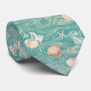 Seashells and Ocean Waves Pattern (10) Tie