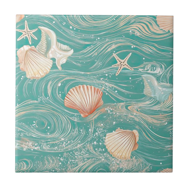 Seashells and Ocean Waves Pattern (10) Tile (Front)