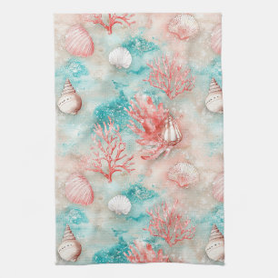 Seashells and Ocean Waves Pattern (11) Tea Towel