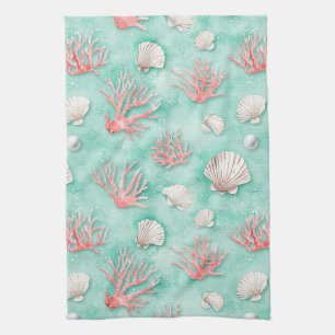 Seashells and Ocean Waves Pattern (12) Tea Towel