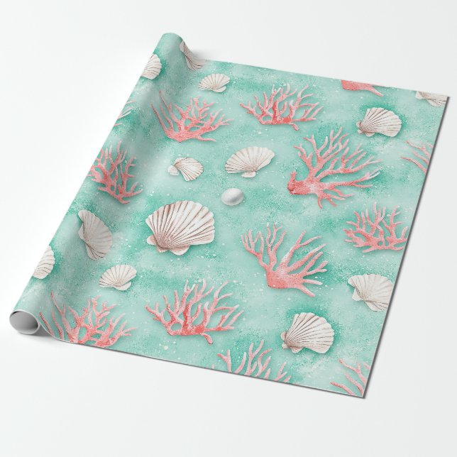 Seashells and Ocean Waves Pattern (12) Wrapping Paper (Unrolled)