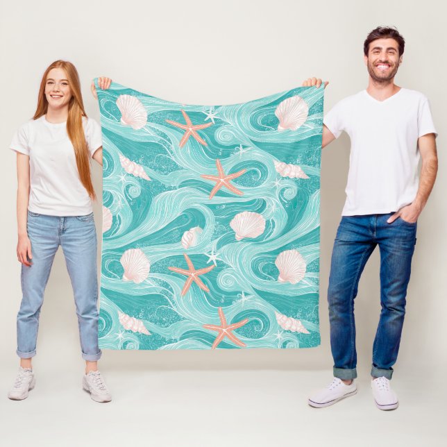 Seashells and Ocean Waves Pattern (13) Fleece Blanket (In Situ)