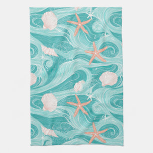 Seashells and Ocean Waves Pattern (13) Tea Towel