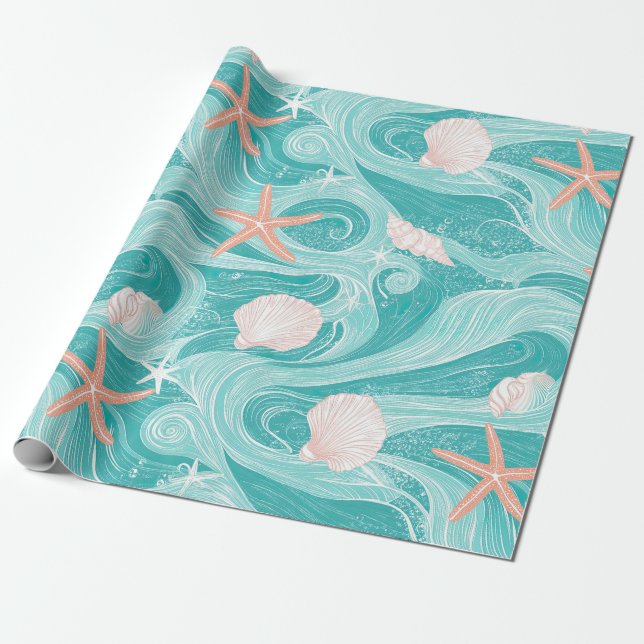 Seashells and Ocean Waves Pattern (13) Wrapping Paper (Unrolled)