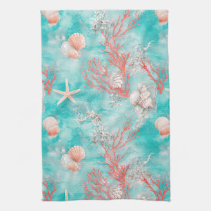 Seashells and Ocean Waves Pattern (15) Tea Towel