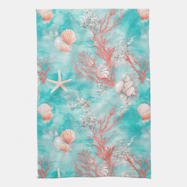 Seashells and Ocean Waves Pattern (15) Tea Towel (Vertical)