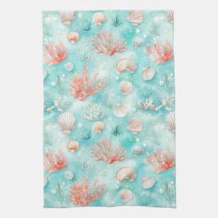 Seashells and Ocean Waves Pattern (2) Tea Towel